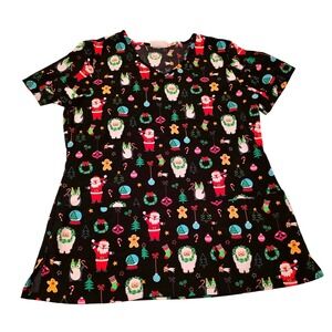 Women's Size Small SCRUBSTAR Santa Christmas‎ Scrub Top, Excellent Condition